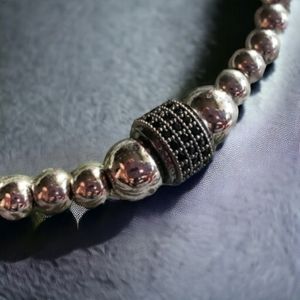 Silver Handcrafted Bracelet with Black Rhinestone Accent Bead